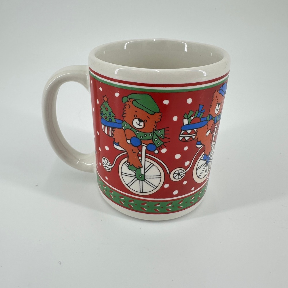 Christmas Bear on Bicycle Ceramic Coffee Mug Red Holiday Snow Scene Mug